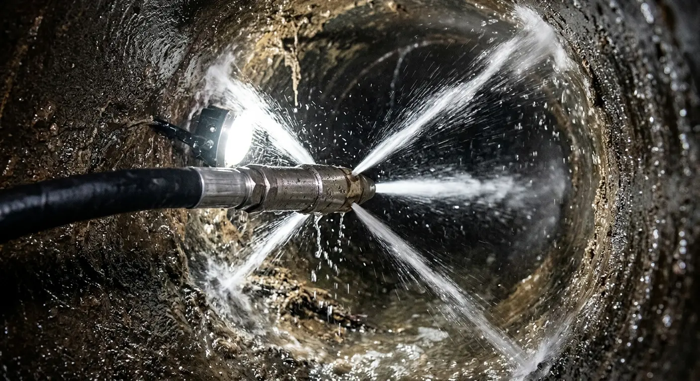 High-pressure hydro jetting nozzle cleaning sewer pipe for Sewer Cleanout in Jurupa Valley