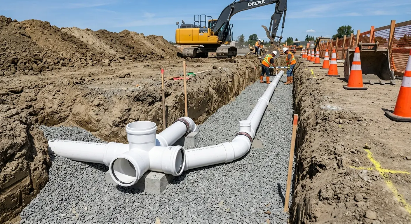 New PVC sewer pipe installation in open trench for Commercial Drain Cleaning in Jurupa Valley
