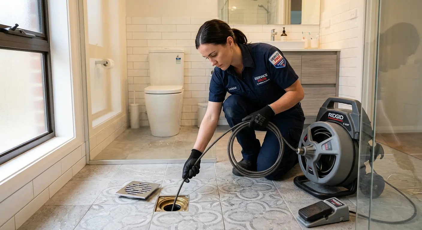 Technician clearing a bathroom floor drain for Hydro Jetting in Jurupa Valley